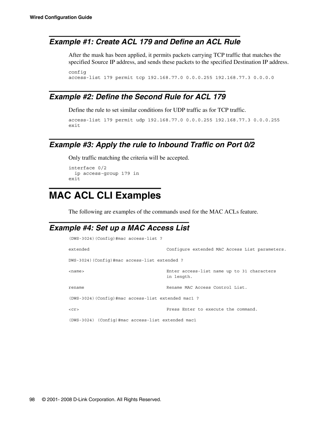 D-Link DWS-3000 manual MAC ACL CLI Examples, Example #1 Create ACL 179 and Define an ACL Rule 