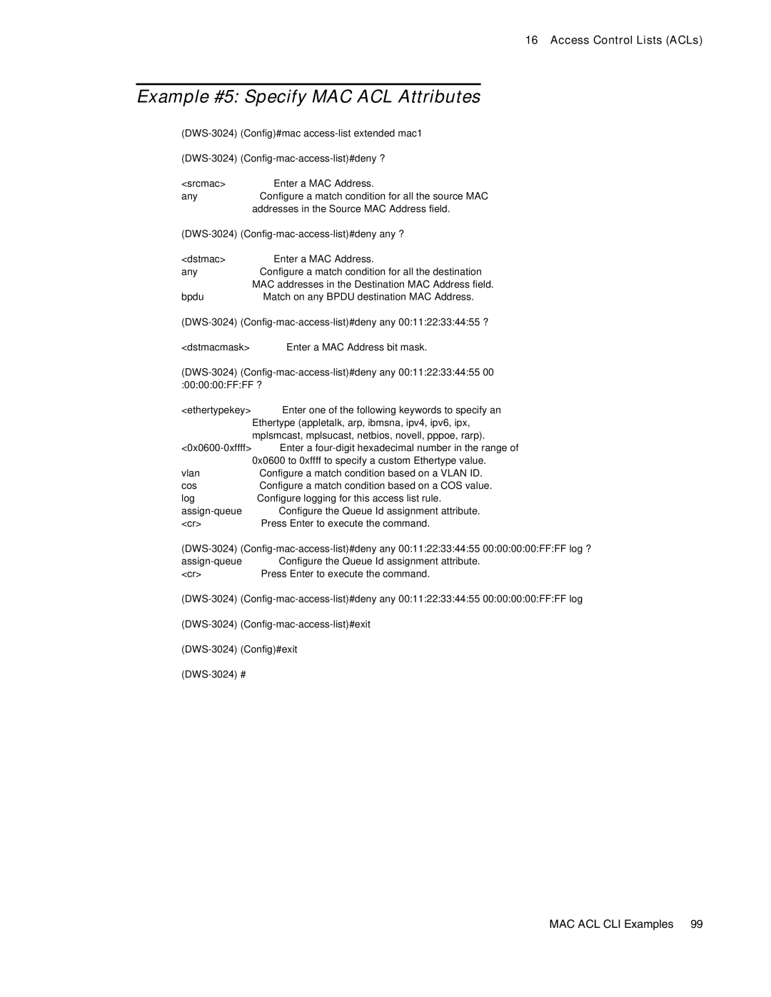 D-Link DWS-3000 manual Example #5 Specify MAC ACL Attributes 