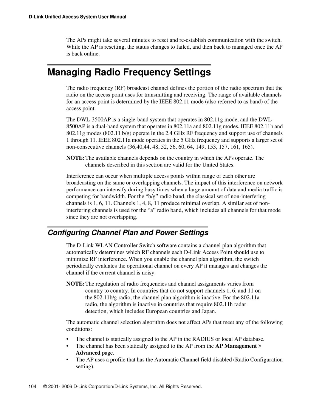 D-Link DWS 3000 user manual Managing Radio Frequency Settings, Configuring Channel Plan and Power Settings 