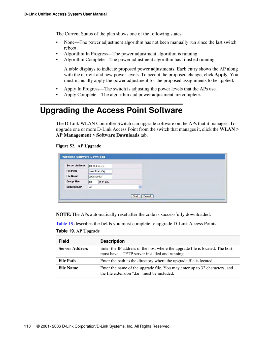 D-Link DWS 3000 Upgrading the Access Point Software, AP Upgrade Field Description, Server Address, File Path, File Name 