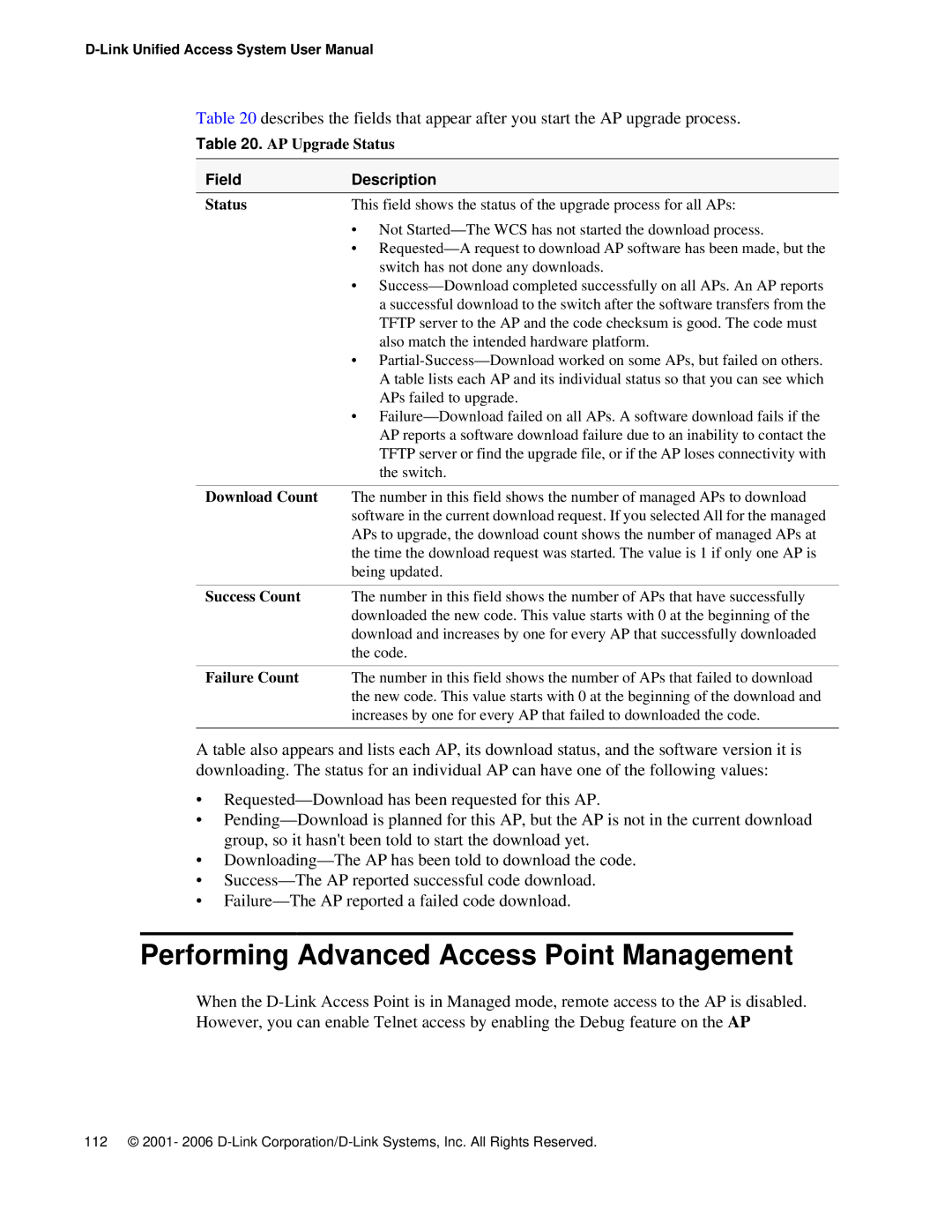 D-Link DWS 3000 Performing Advanced Access Point Management, Status, Download Count, Success Count, Failure Count 