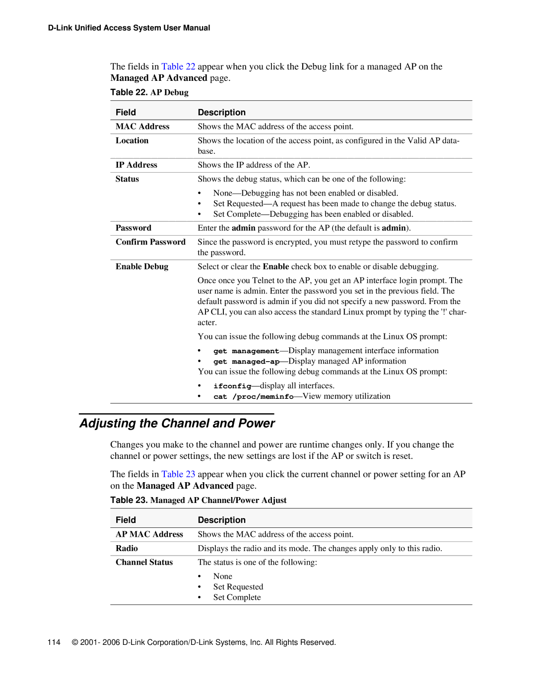 D-Link DWS 3000 user manual Adjusting the Channel and Power, AP Debug Field Description 