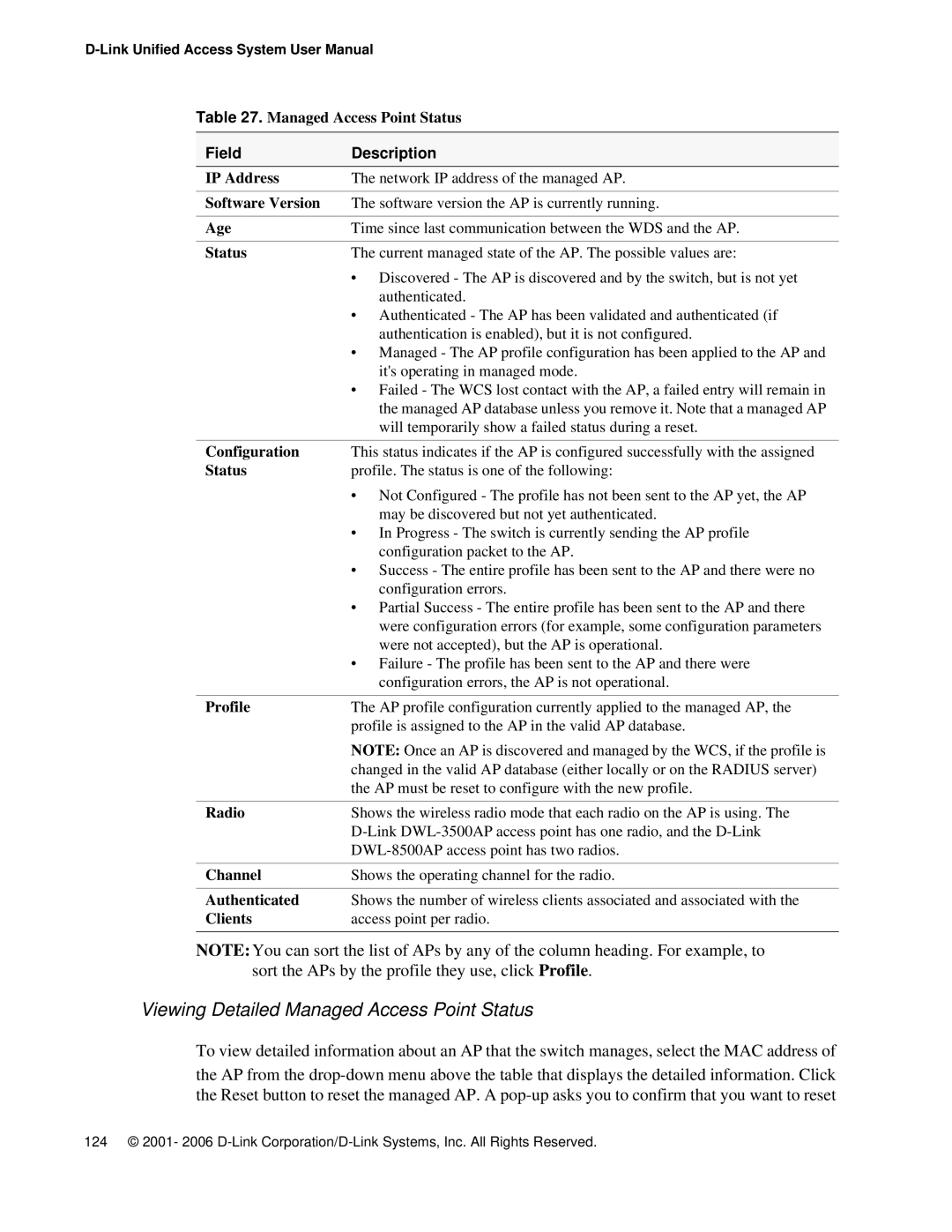 D-Link DWS 3000 user manual Viewing Detailed Managed Access Point Status, Configuration 