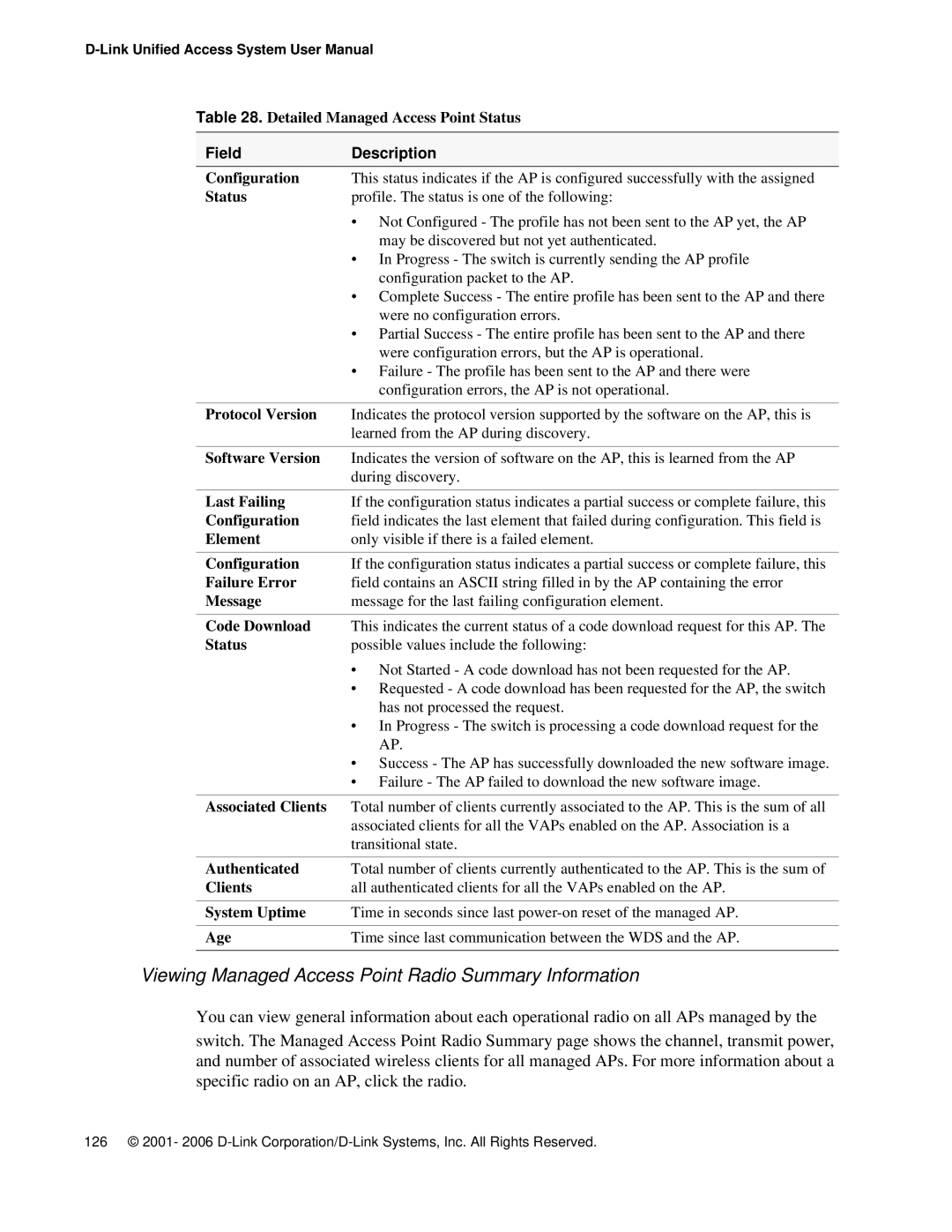 D-Link DWS 3000 user manual Viewing Managed Access Point Radio Summary Information 