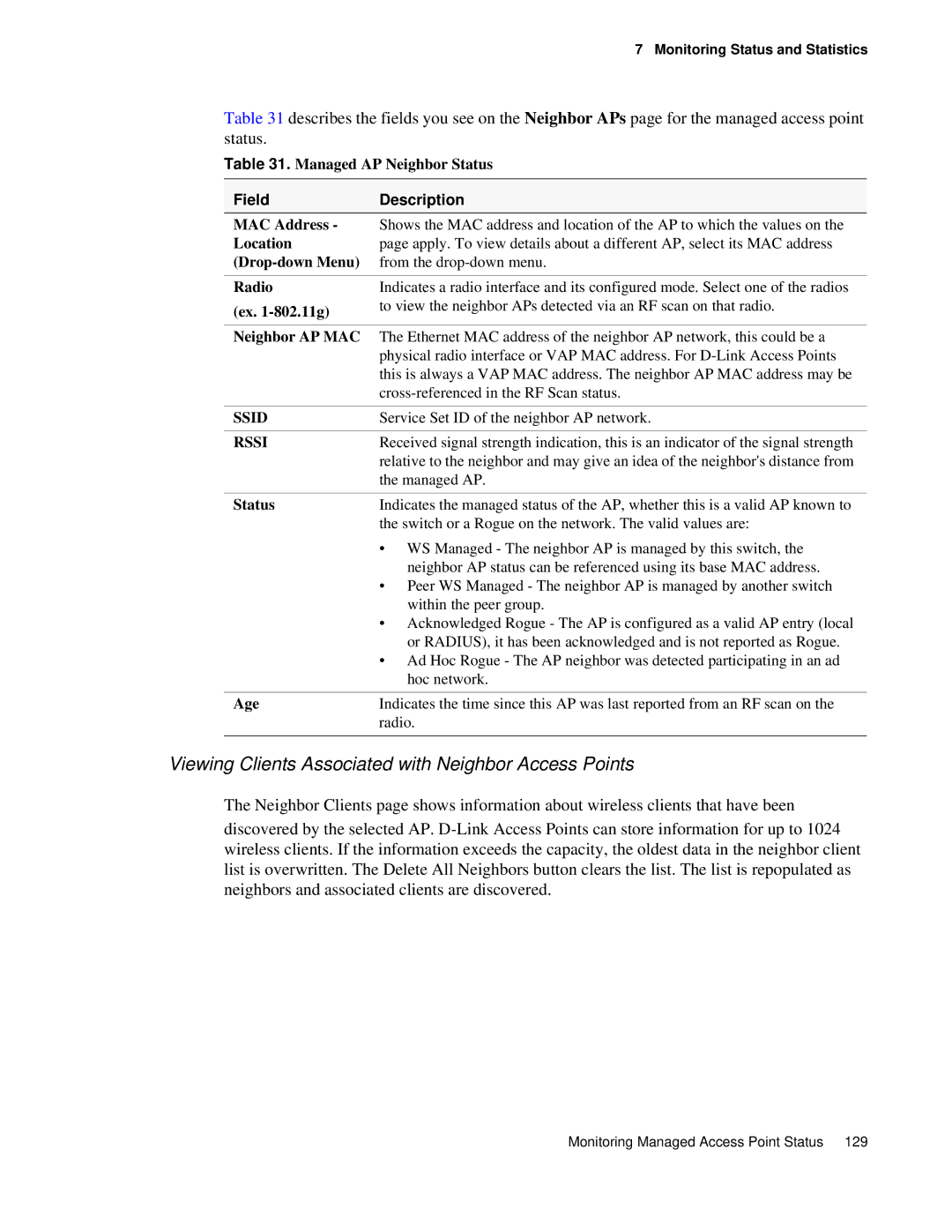 D-Link DWS 3000 user manual Viewing Clients Associated with Neighbor Access Points, Managed AP Neighbor Status, Ex -802.11g 