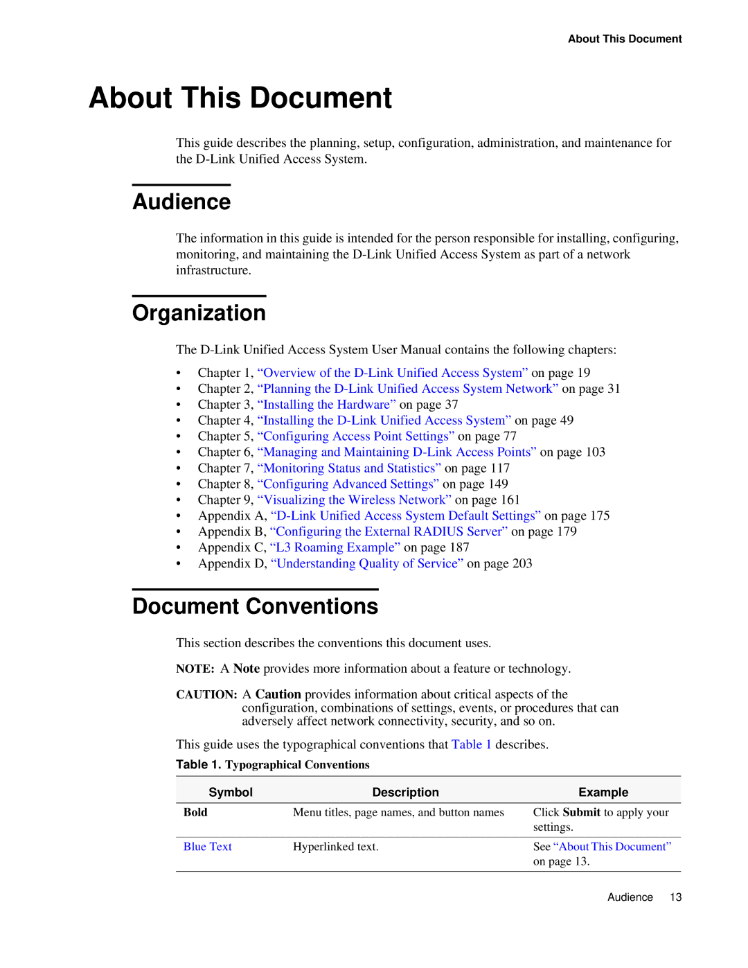 D-Link DWS 3000 user manual About This Document, Audience, Organization, Document Conventions, Symbol Description Example 