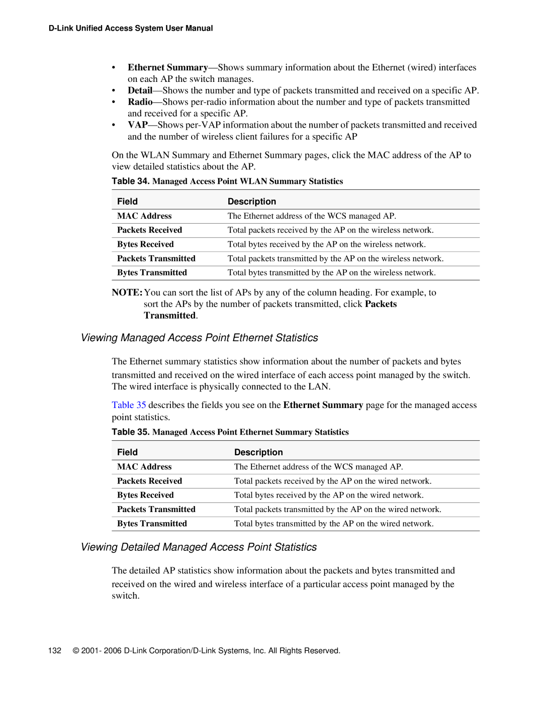 D-Link DWS 3000 Viewing Managed Access Point Ethernet Statistics, Viewing Detailed Managed Access Point Statistics 