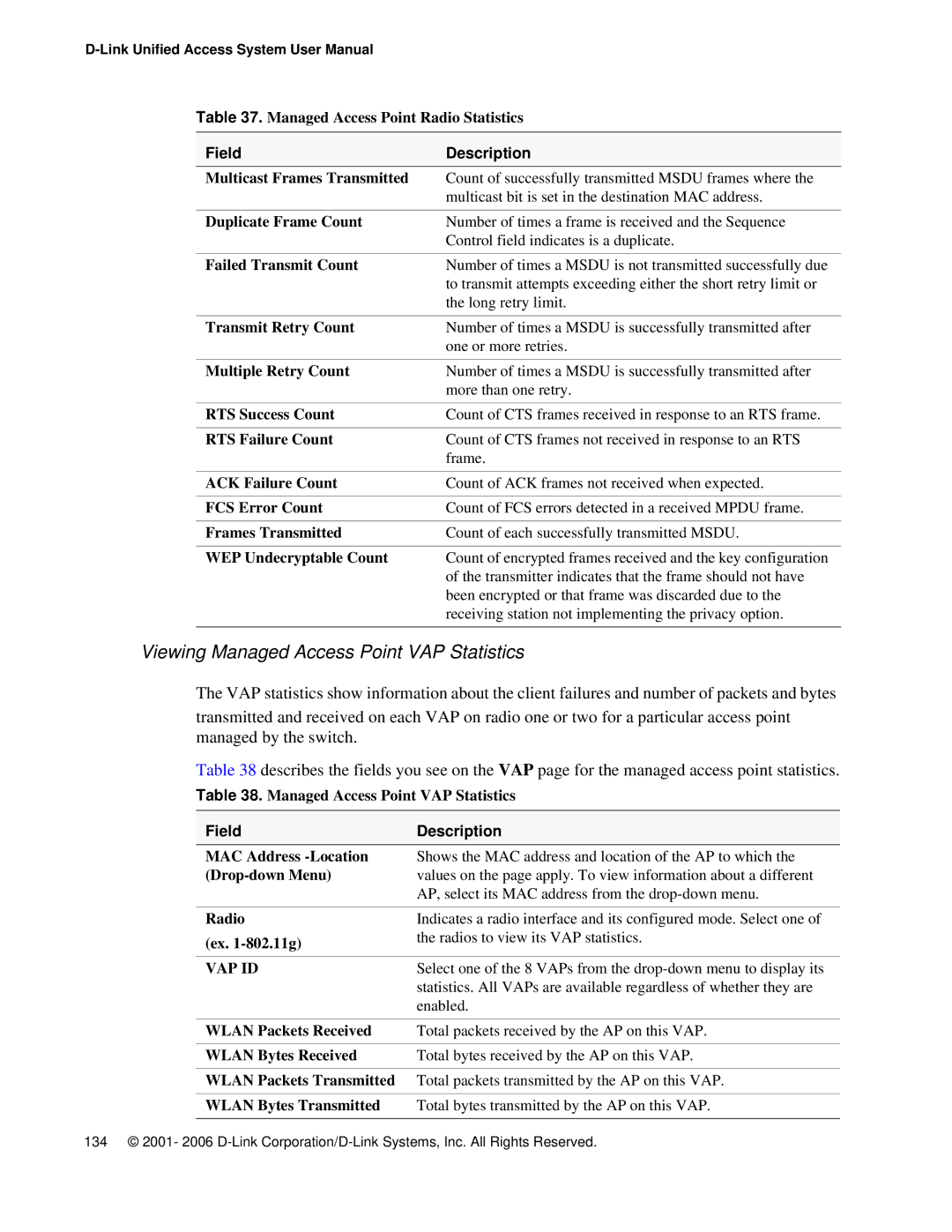 D-Link DWS 3000 user manual Viewing Managed Access Point VAP Statistics 