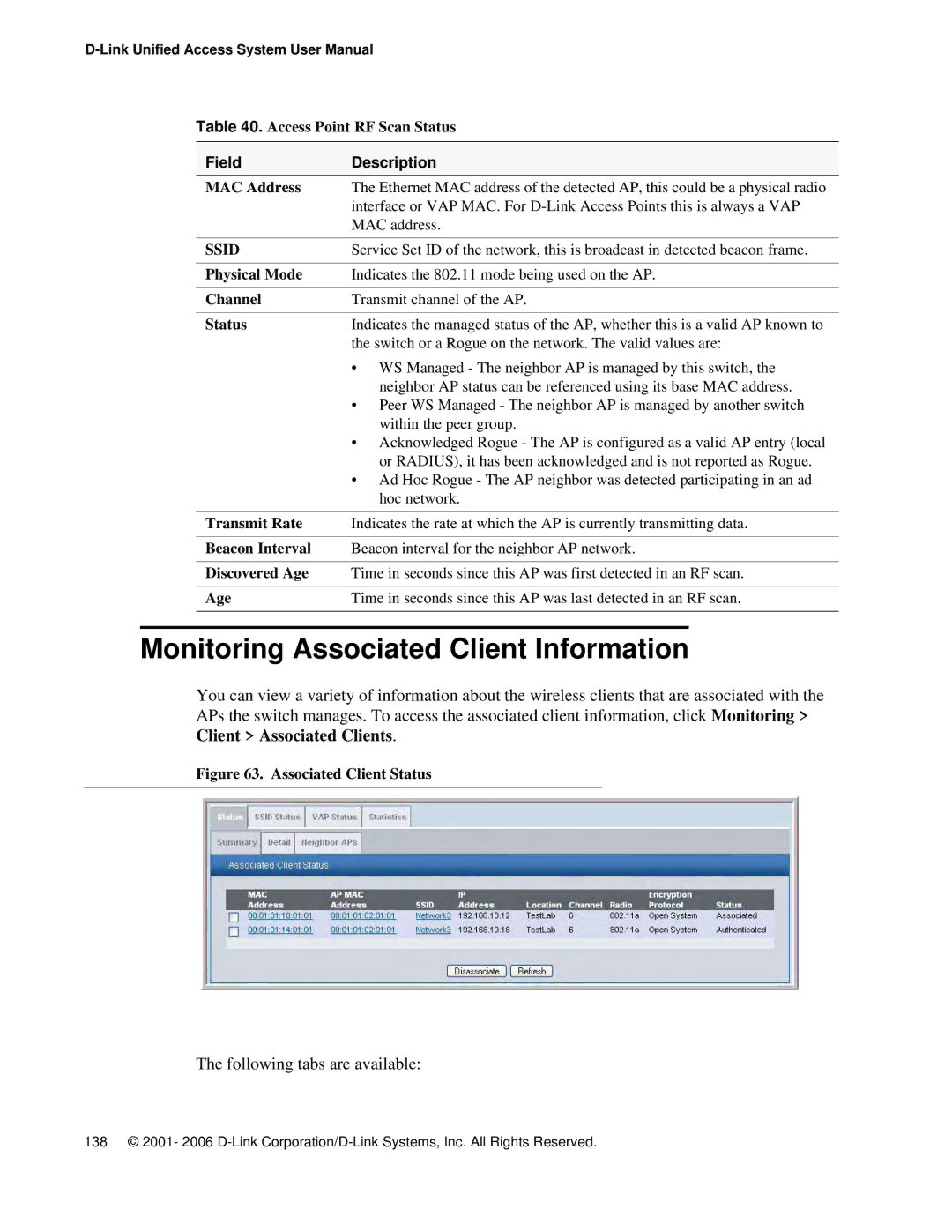 D-Link DWS 3000 user manual Monitoring Associated Client Information 