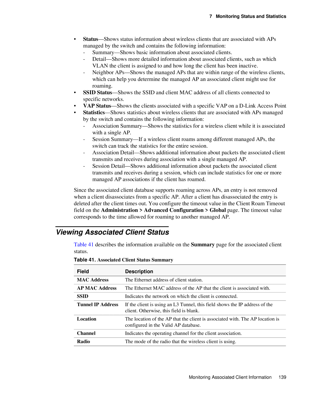 D-Link DWS 3000 user manual Viewing Associated Client Status, Associated Client Status Summary, Tunnel IP Address 