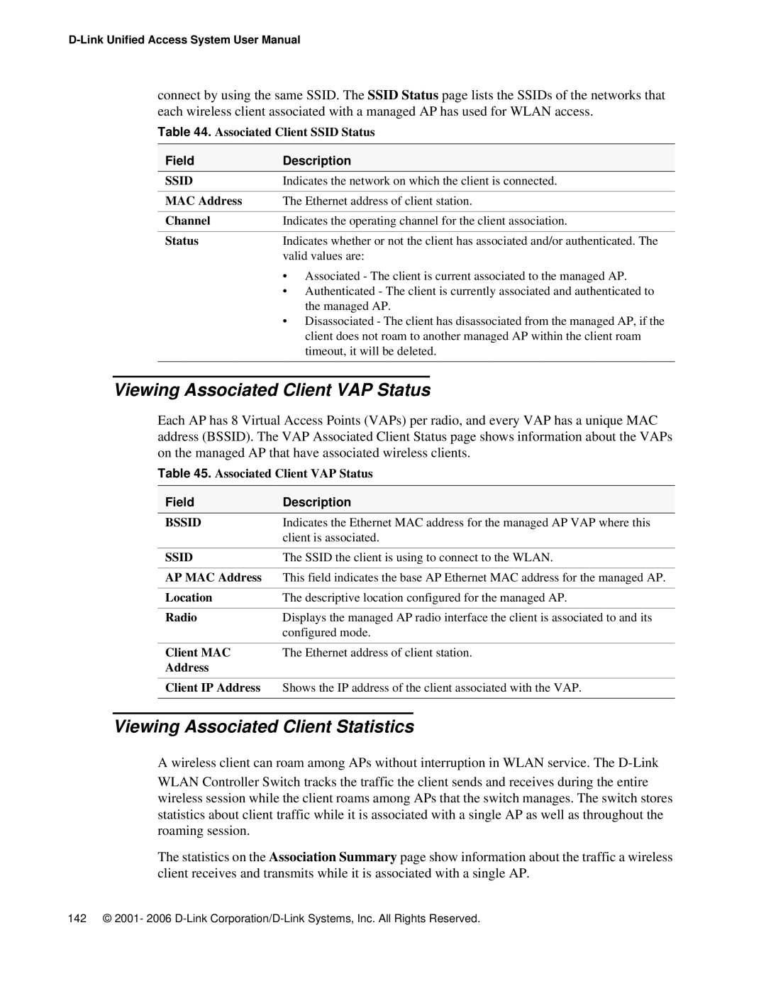 D-Link DWS 3000 user manual Viewing Associated Client VAP Status, Viewing Associated Client Statistics 