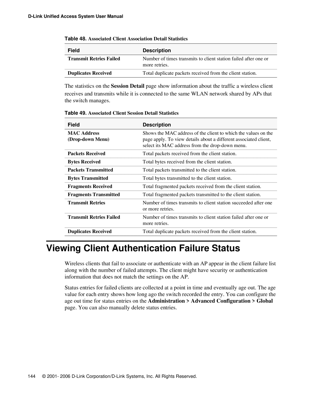 D-Link DWS 3000 user manual Viewing Client Authentication Failure Status, Transmit Retries Failed, Duplicates Received 