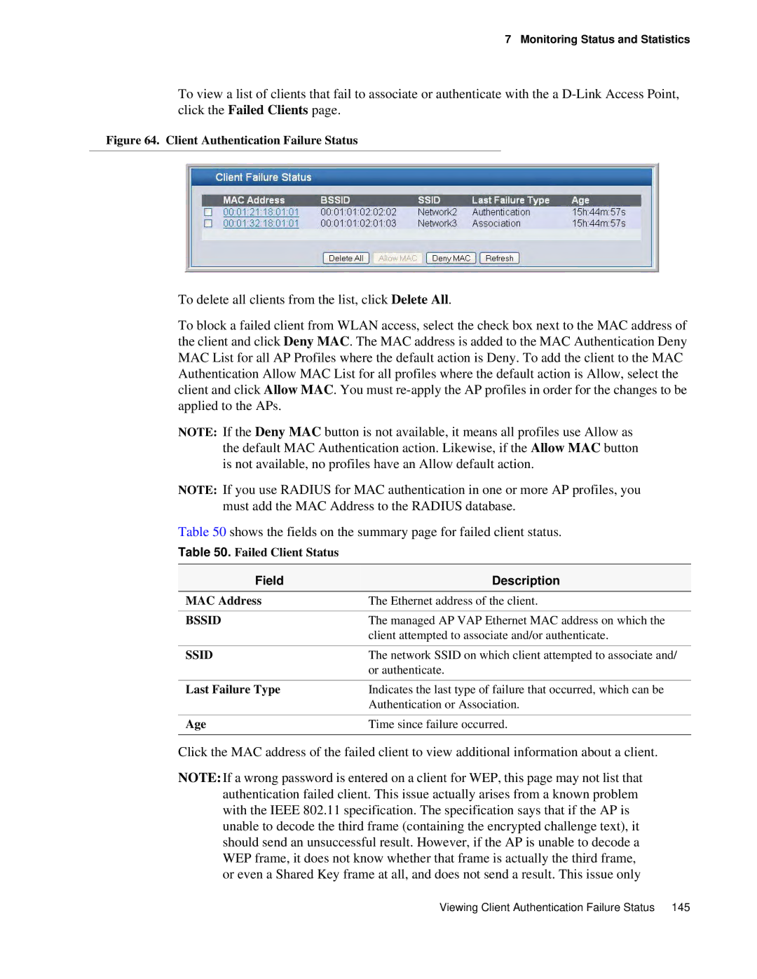 D-Link DWS 3000 user manual Client Authentication Failure Status, Failed Client Status 