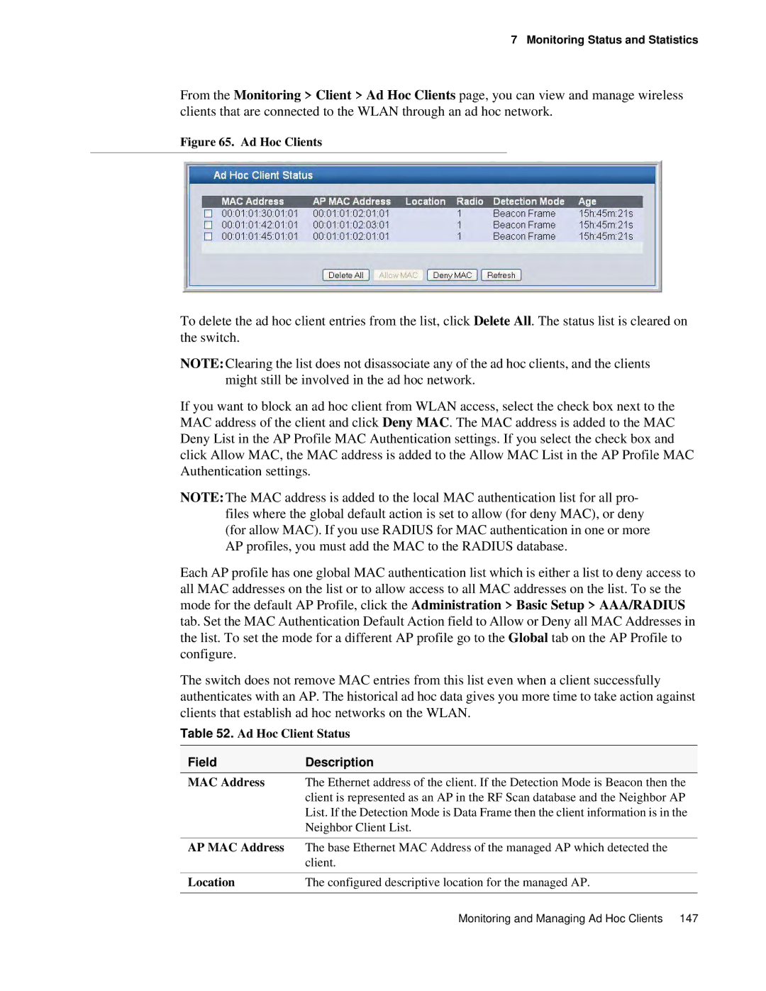 D-Link DWS 3000 user manual Ad Hoc Clients, Ad Hoc Client Status 