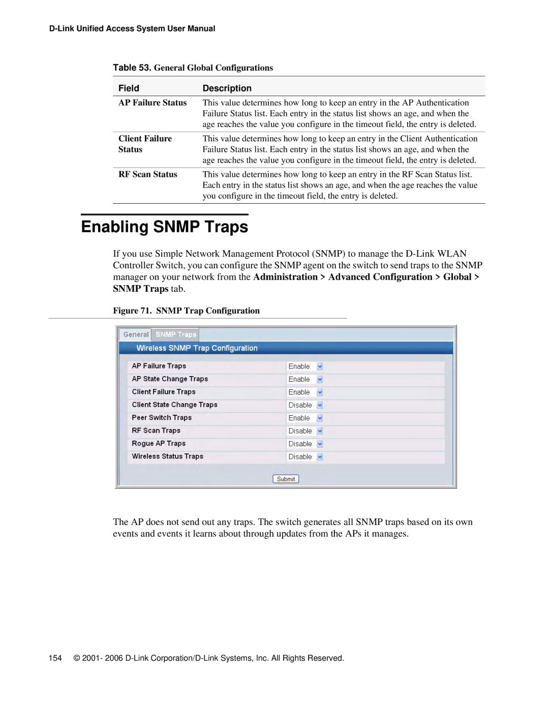 D-Link DWS 3000 user manual Enabling Snmp Traps, AP Failure Status, Client Failure, RF Scan Status 