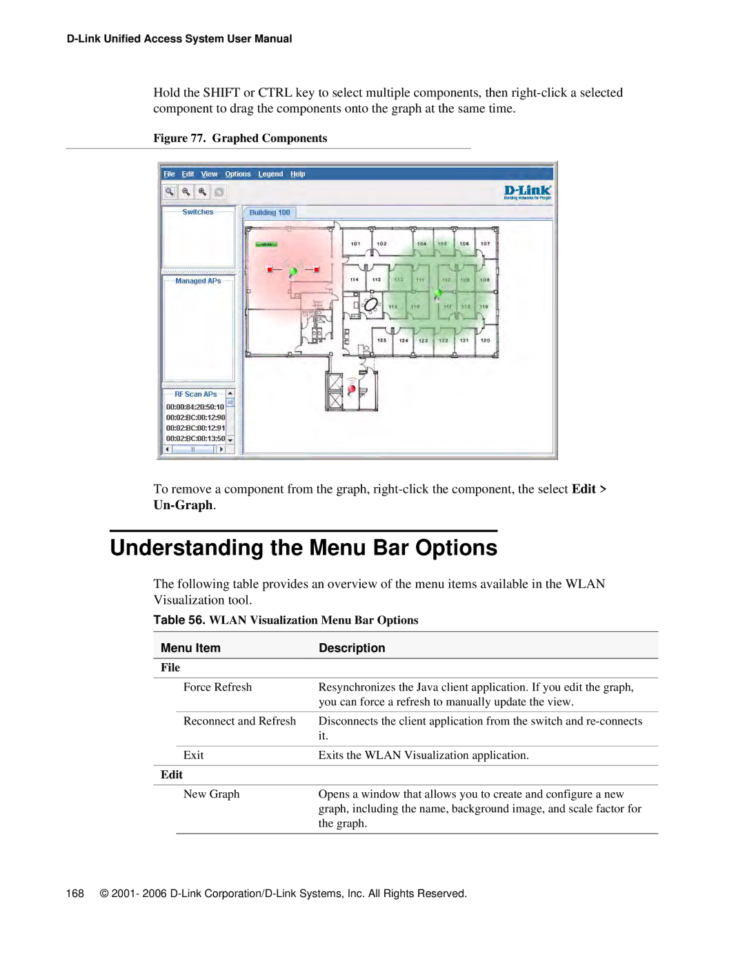 D-Link DWS 3000 Understanding the Menu Bar Options, Wlan Visualization Menu Bar Options, Menu Item Description, File 