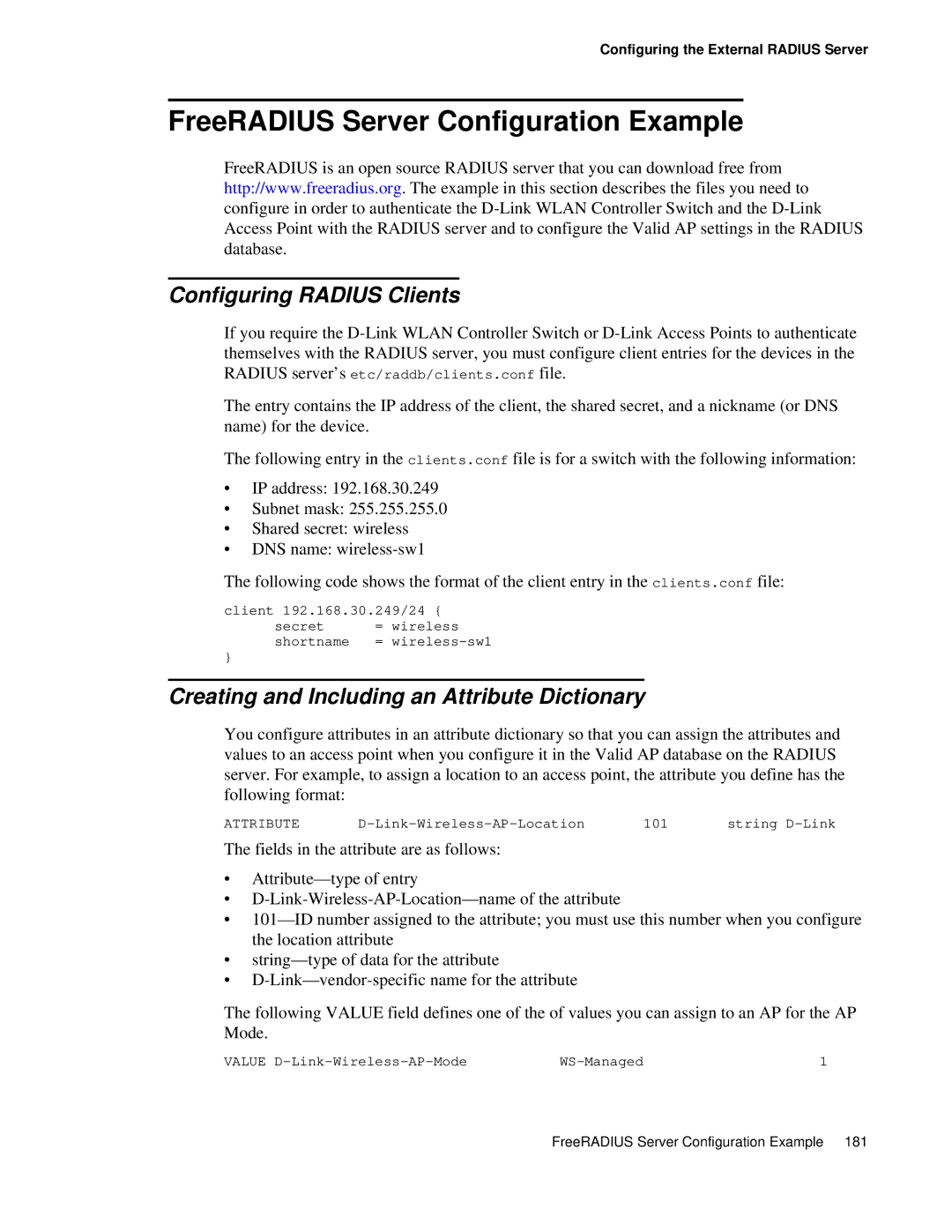 D-Link DWS 3000 user manual FreeRADIUS Server Configuration Example, Configuring Radius Clients 