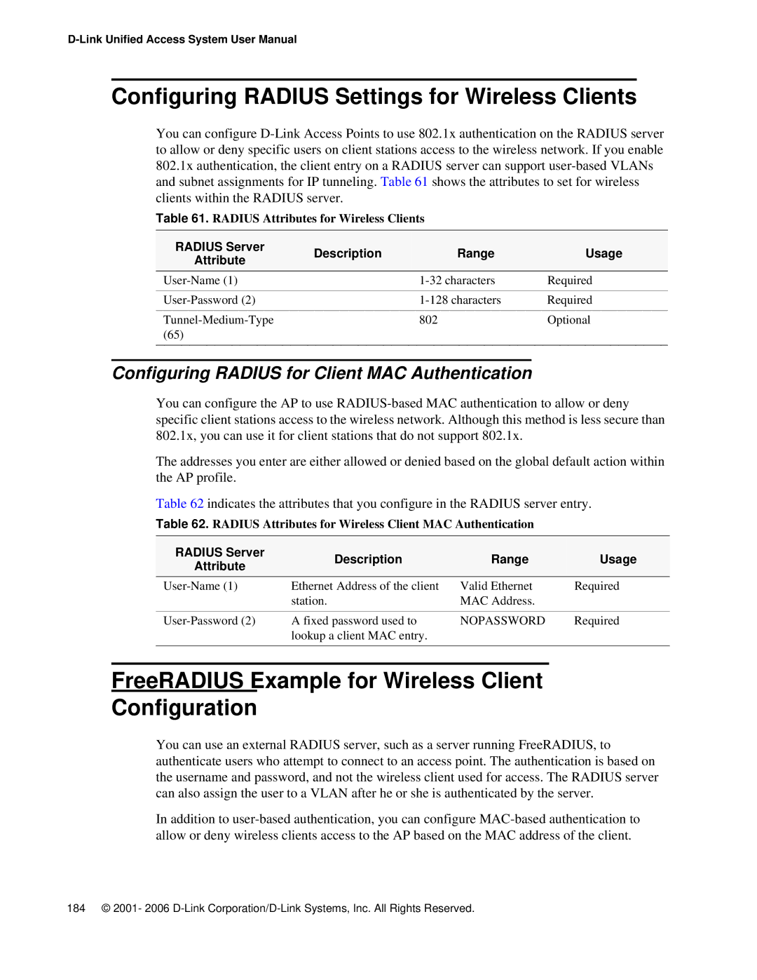 D-Link DWS 3000 Configuring Radius Settings for Wireless Clients, FreeRADIUS Example for Wireless Client Configuration 