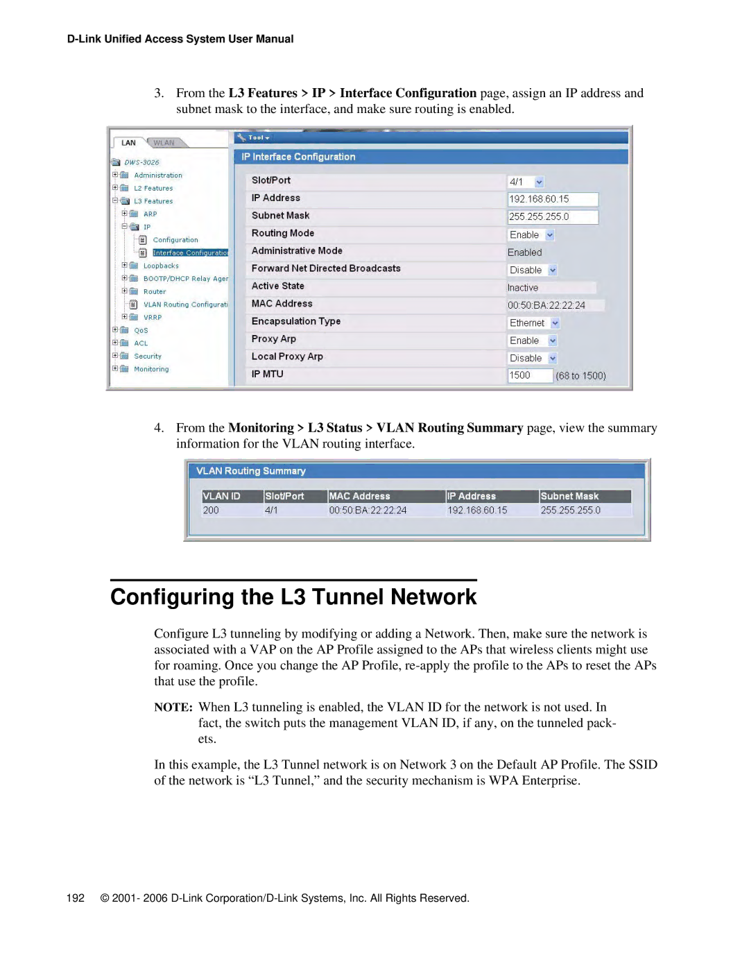 D-Link DWS 3000 user manual Configuring the L3 Tunnel Network 