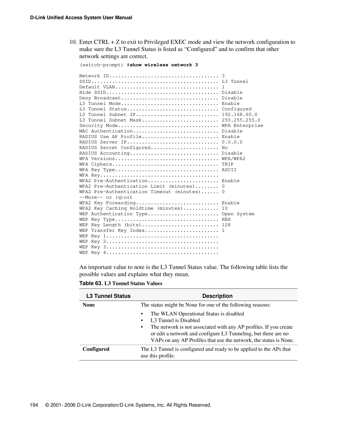 D-Link DWS 3000 user manual L3 Tunnel Status Values, L3 Tunnel Status Description, Configured 