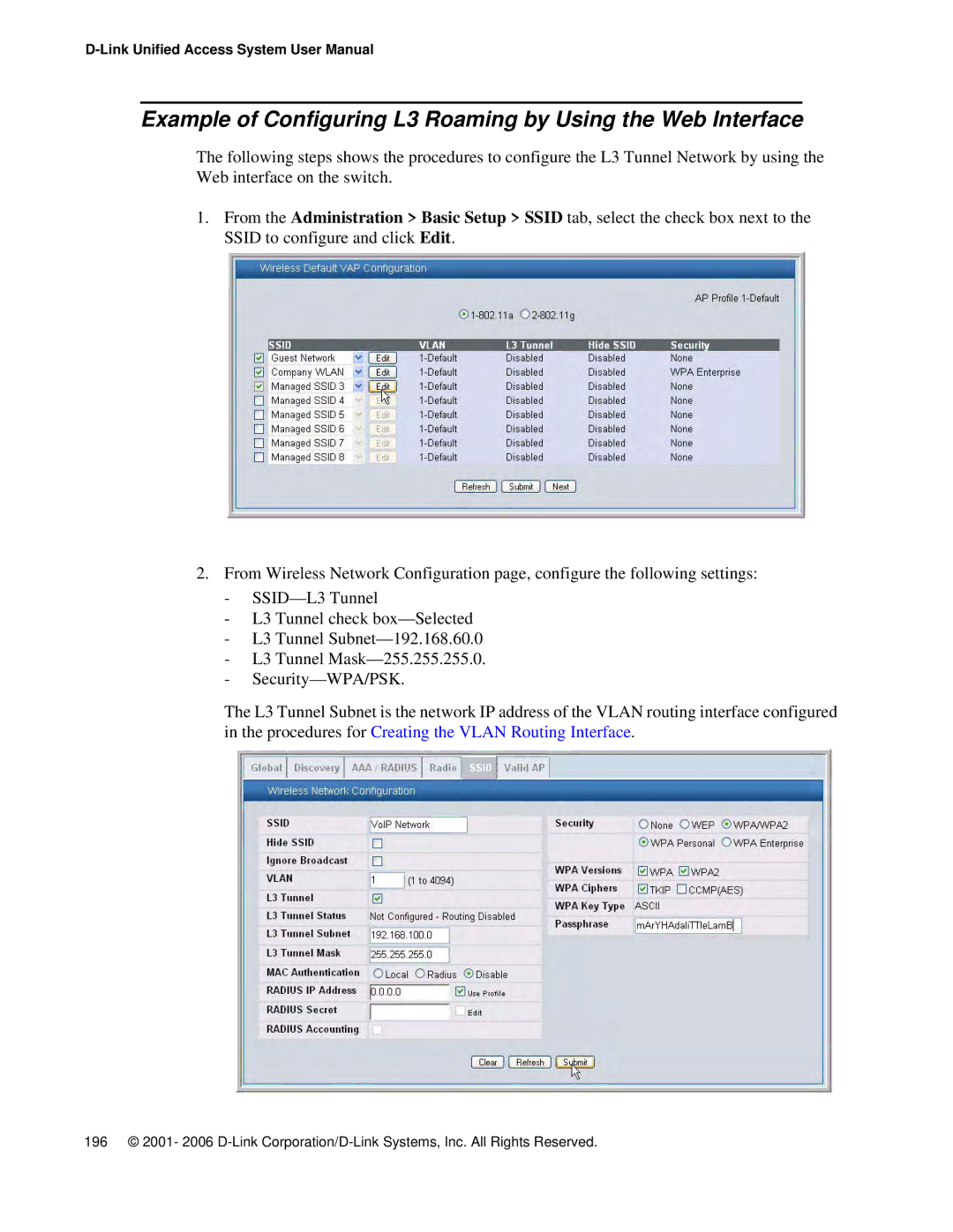 D-Link DWS 3000 user manual Example of Configuring L3 Roaming by Using the Web Interface 