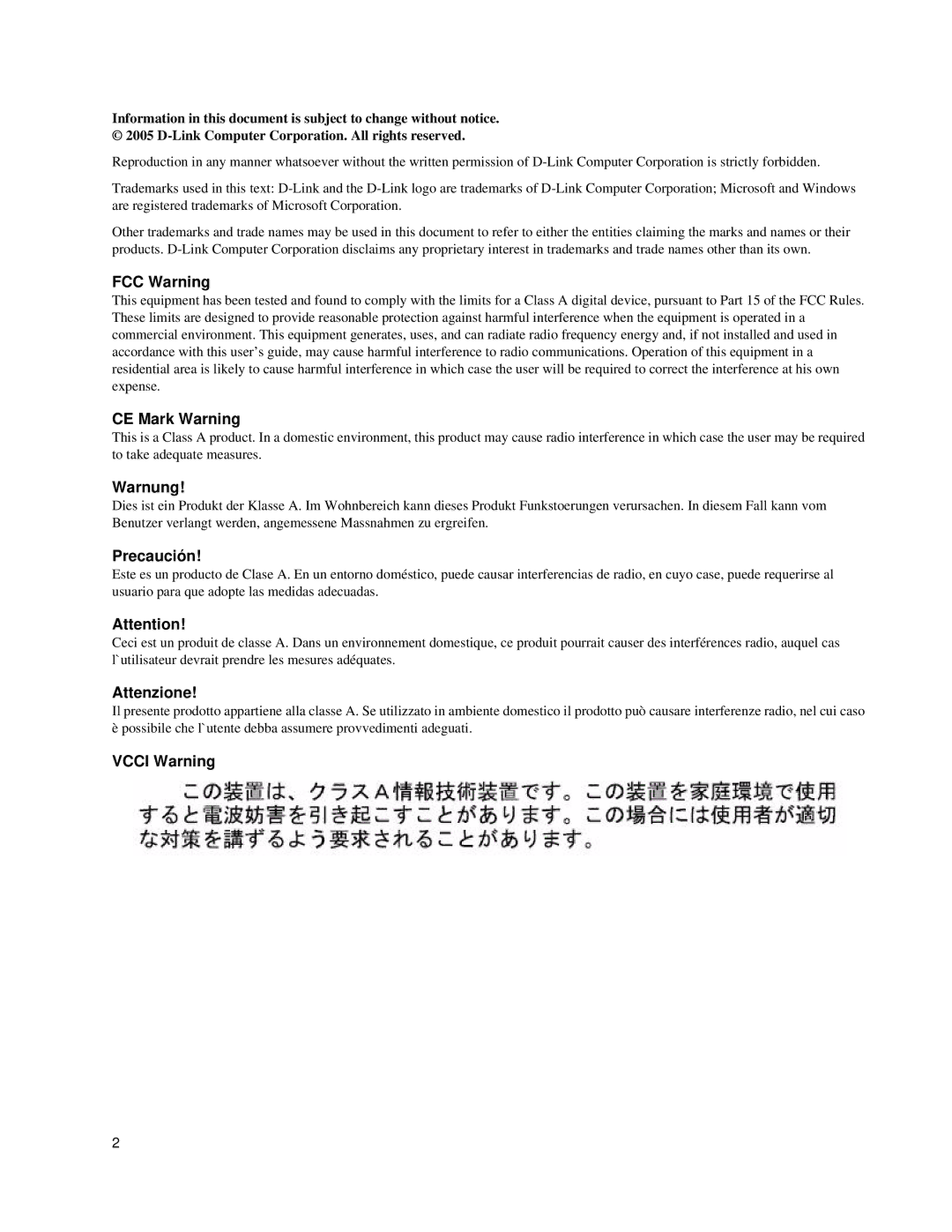 D-Link DWS 3000 user manual FCC Warning, CE Mark Warning, Warnung, Precaución, Attenzione, Vcci Warning 