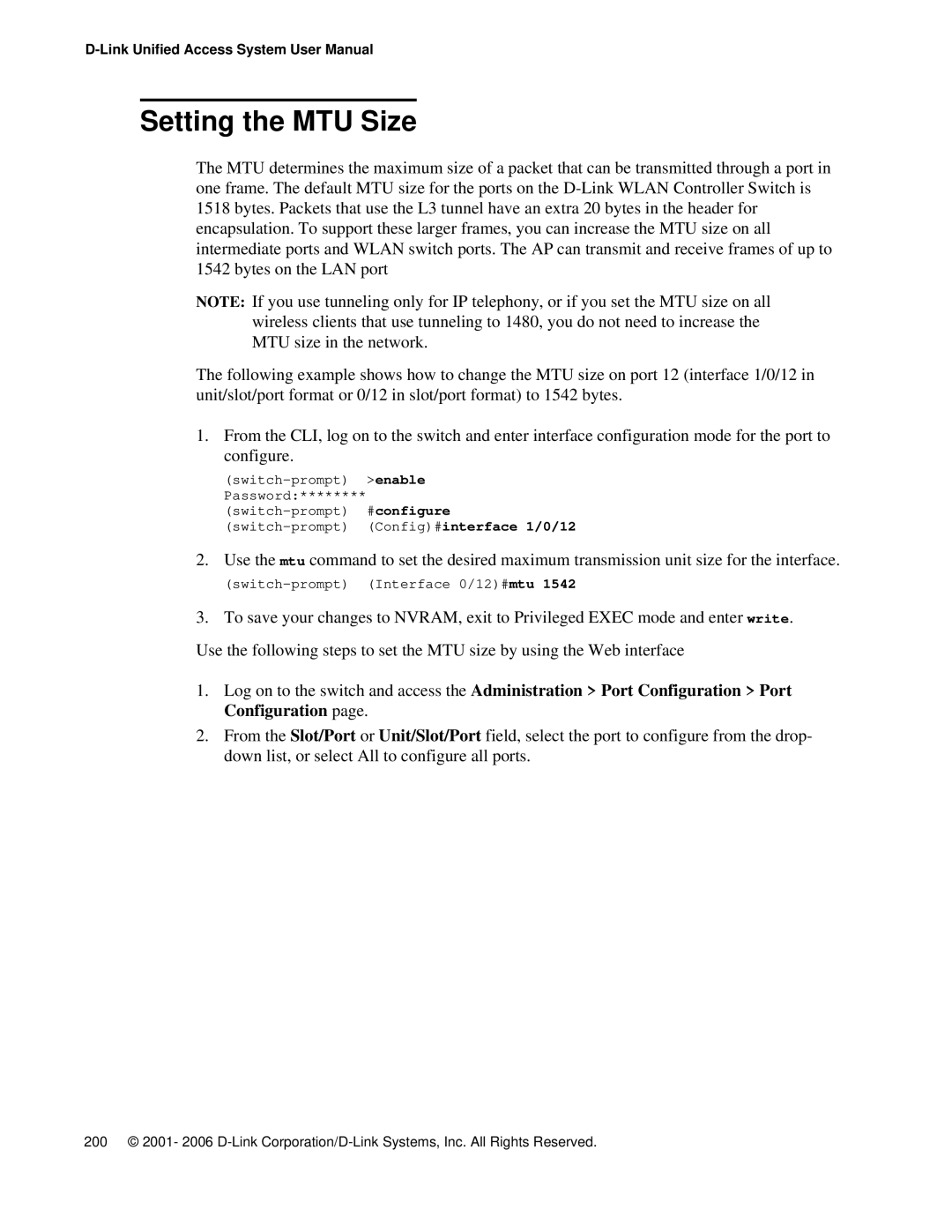 D-Link DWS 3000 user manual Setting the MTU Size 