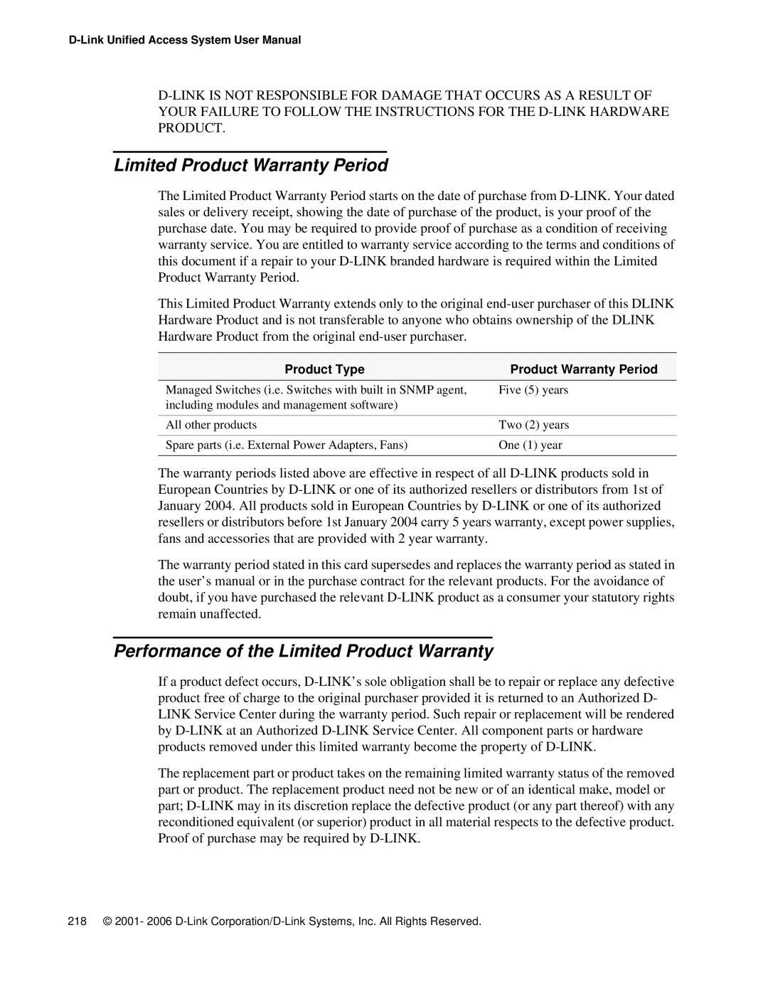 D-Link DWS 3000 user manual Limited Product Warranty Period, Performance of the Limited Product Warranty 