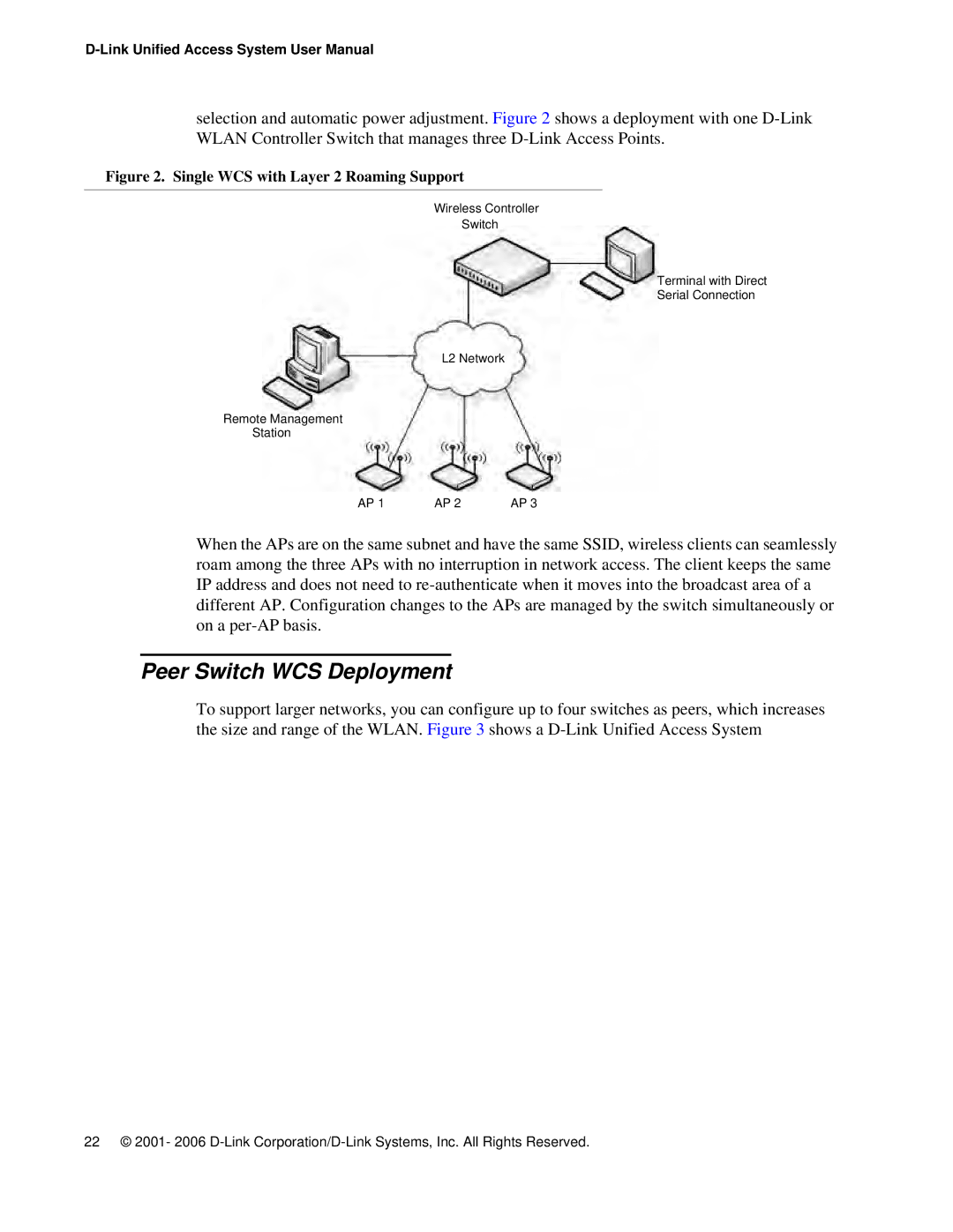 D-Link DWS 3000 user manual Peer Switch WCS Deployment, Single WCS with Layer 2 Roaming Support 