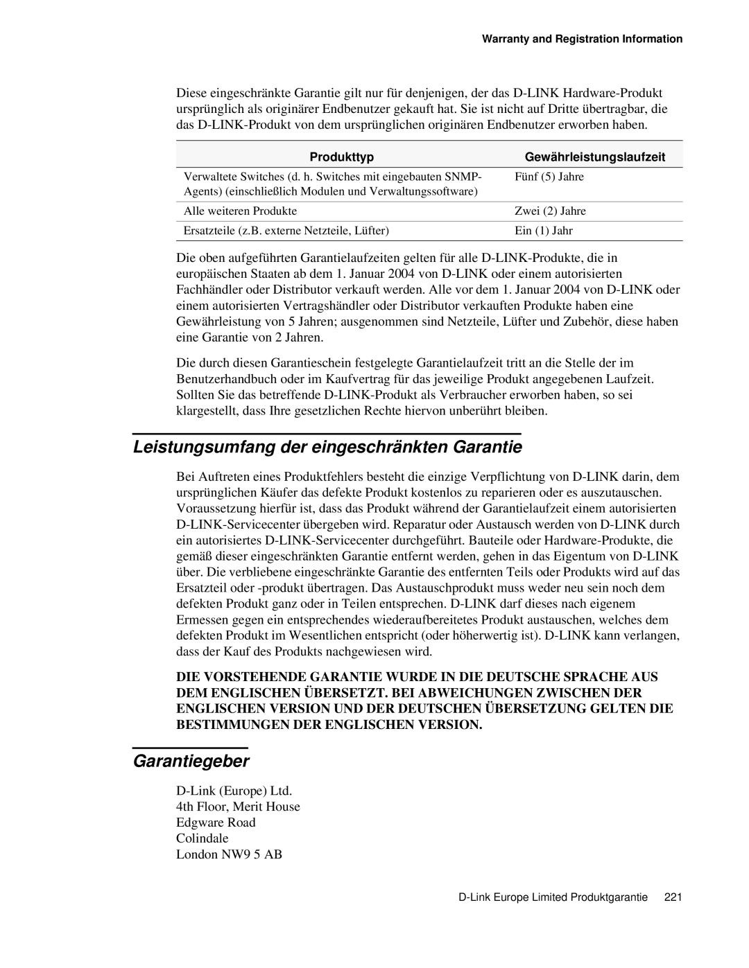 D-Link DWS 3000 user manual Leistungsumfang der eingeschränkten Garantie, Garantiegeber, Produkttyp Gewährleistungslaufzeit 