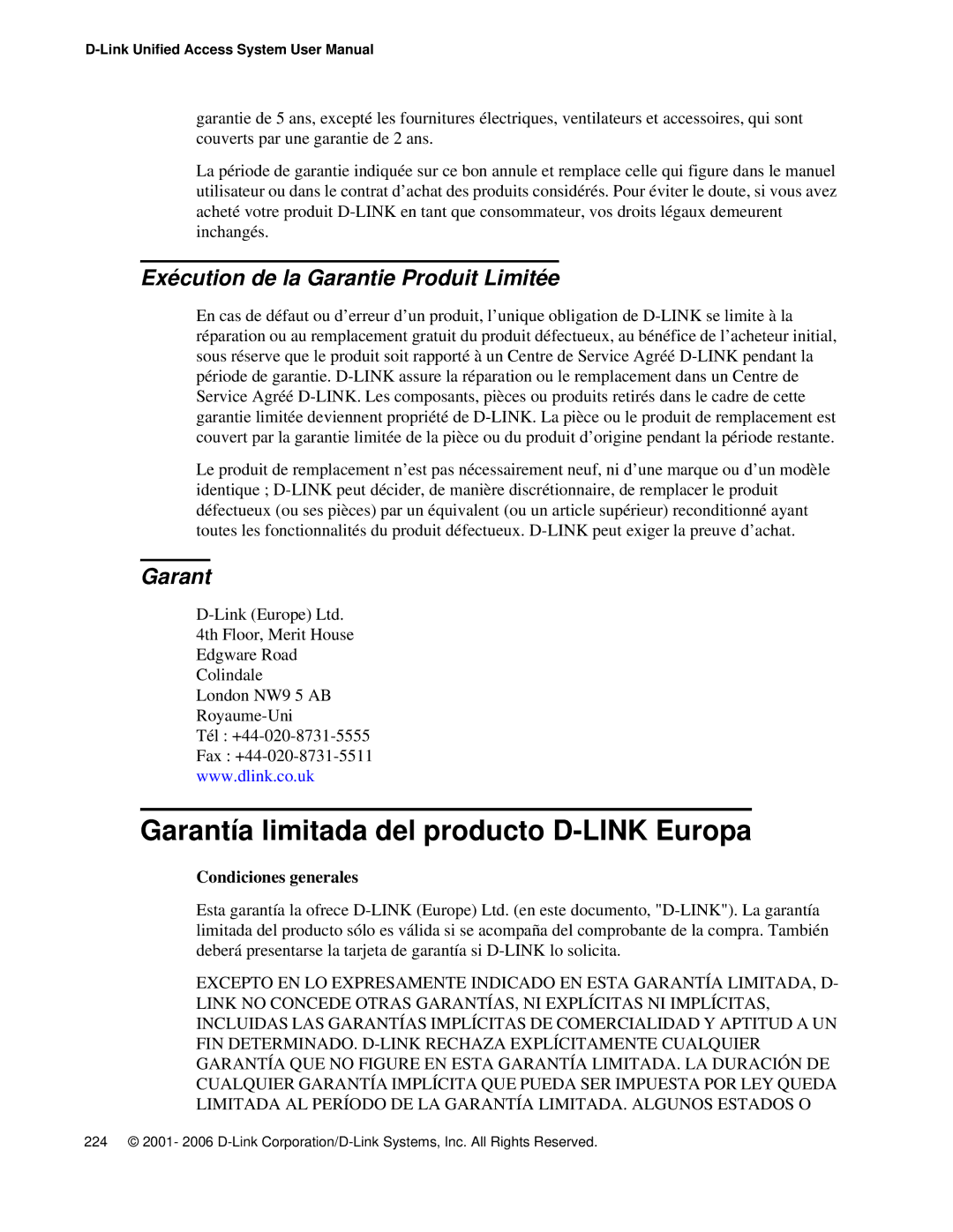 D-Link DWS 3000 user manual Garantía limitada del producto D-LINK Europa, Exécution de la Garantie Produit Limitée 