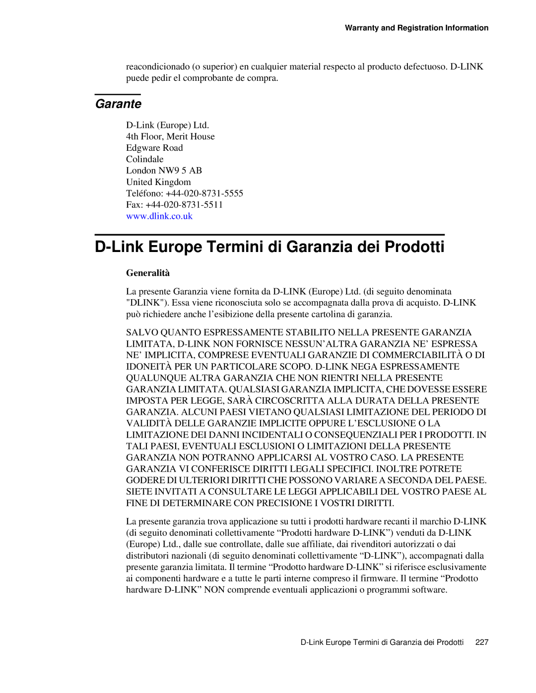 D-Link DWS 3000 user manual Link Europe Termini di Garanzia dei Prodotti, Garante 