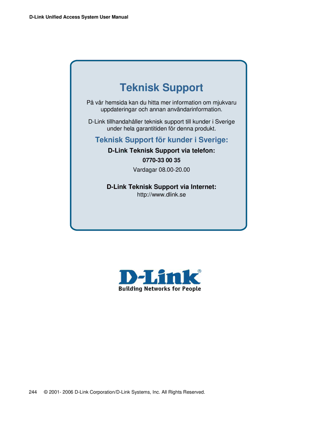 D-Link DWS 3000 user manual Teknisk Support för kunder i Sverige 