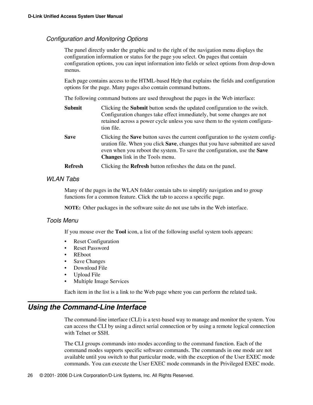 D-Link DWS 3000 user manual Using the Command-Line Interface, Configuration and Monitoring Options, Wlan Tabs, Tools Menu 