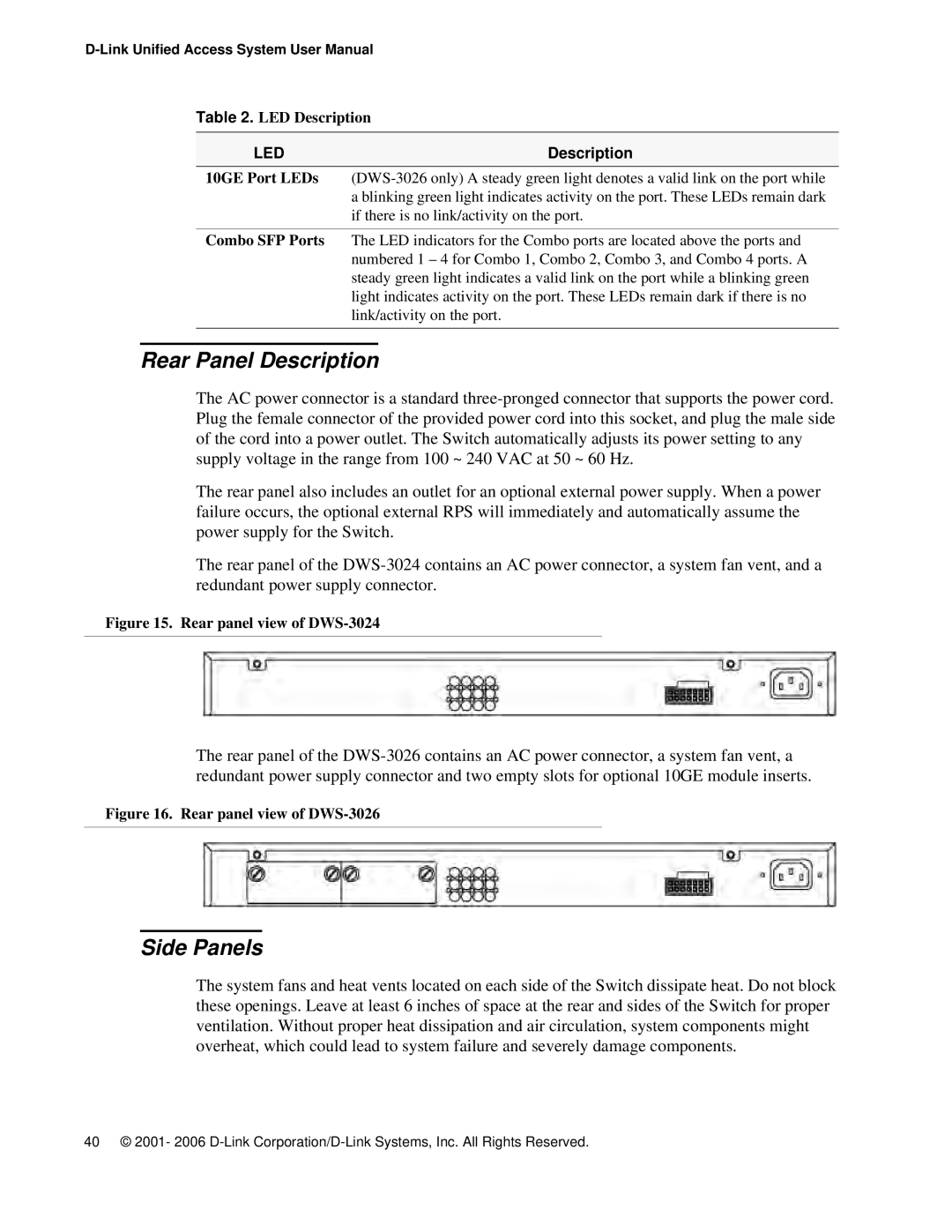 D-Link DWS 3000 user manual Rear Panel Description, Side Panels, 10GE Port LEDs, Combo SFP Ports 