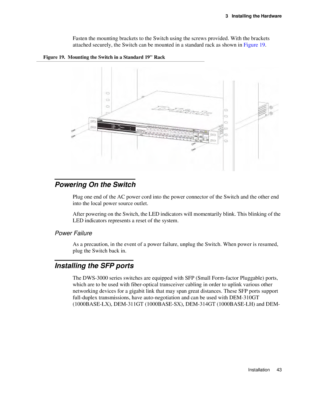 D-Link DWS 3000 user manual Powering On the Switch, Installing the SFP ports, Power Failure 