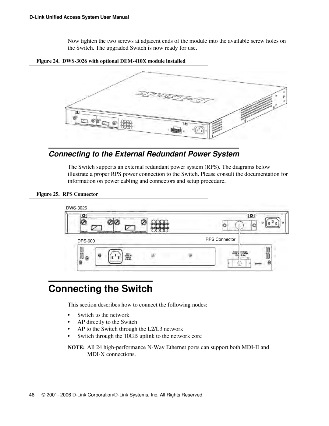 D-Link DWS 3000 user manual Connecting the Switch, Connecting to the External Redundant Power System 