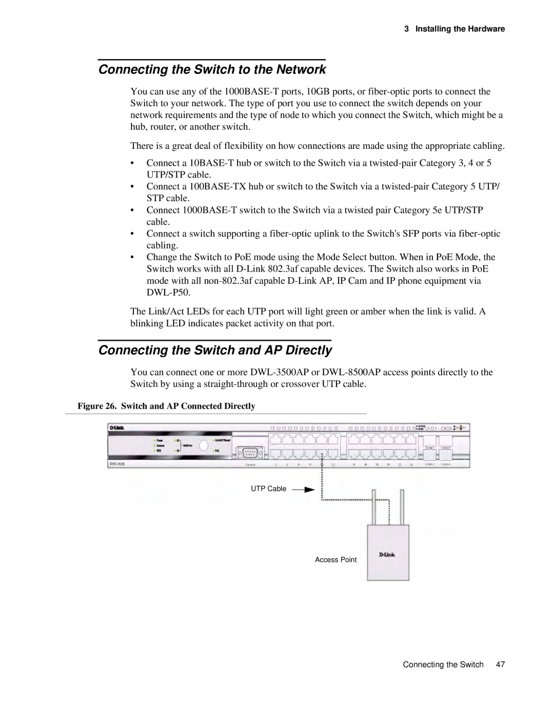 D-Link DWS 3000 user manual Connecting the Switch to the Network, Connecting the Switch and AP Directly 