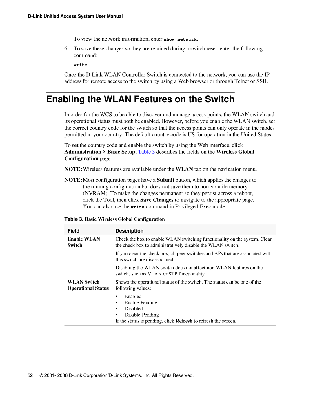 D-Link DWS 3000 user manual Enabling the Wlan Features on the Switch, Field Description 