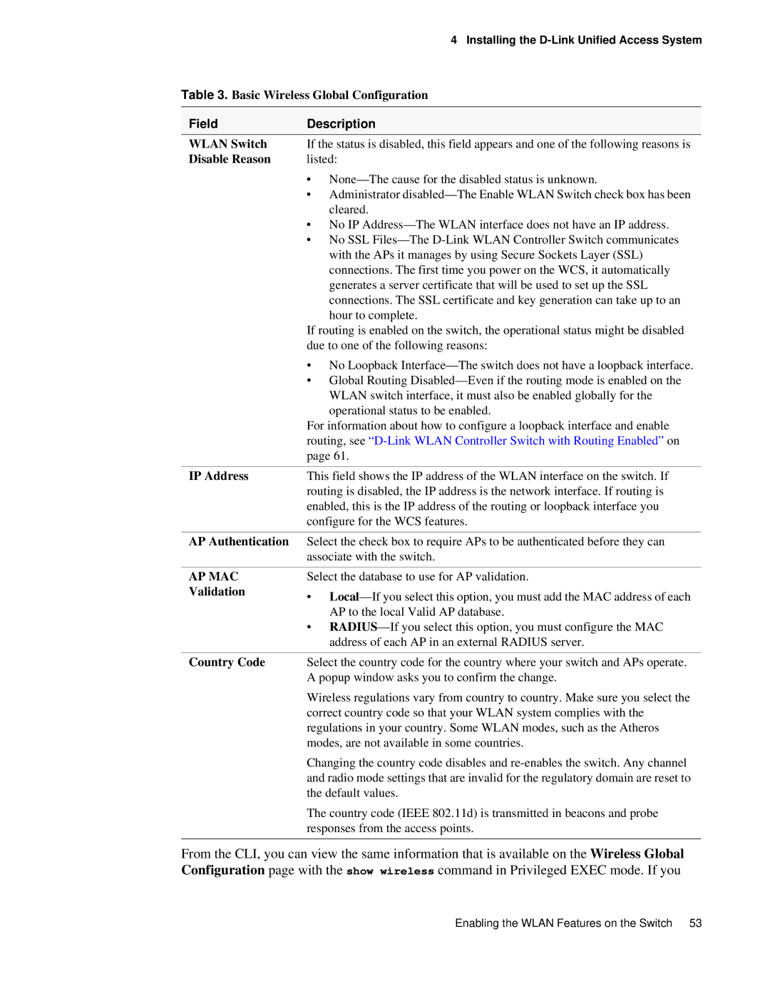 D-Link DWS 3000 user manual Disable Reason, IP Address, AP Authentication, AP MAC Validation, Country Code 