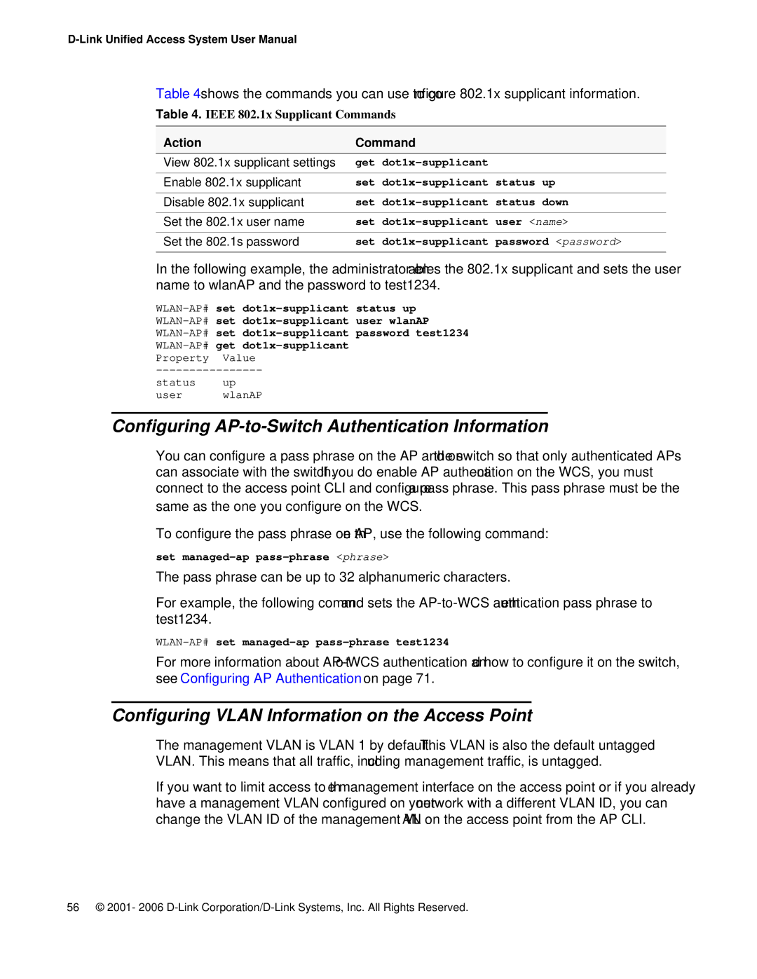 D-Link DWS 3000 Configuring AP-to-Switch Authentication Information, Configuring Vlan Information on the Access Point 