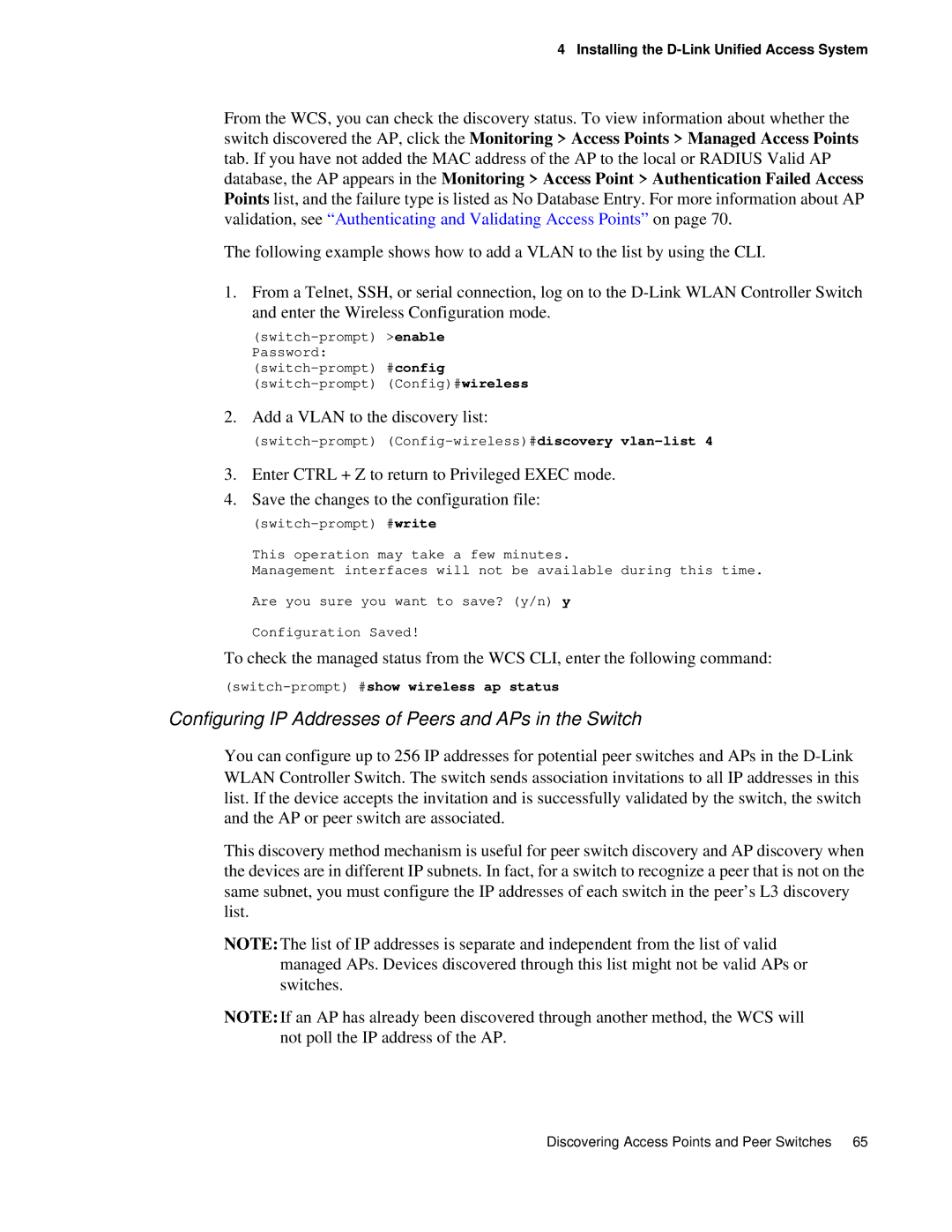 D-Link DWS 3000 user manual Configuring IP Addresses of Peers and APs in the Switch 