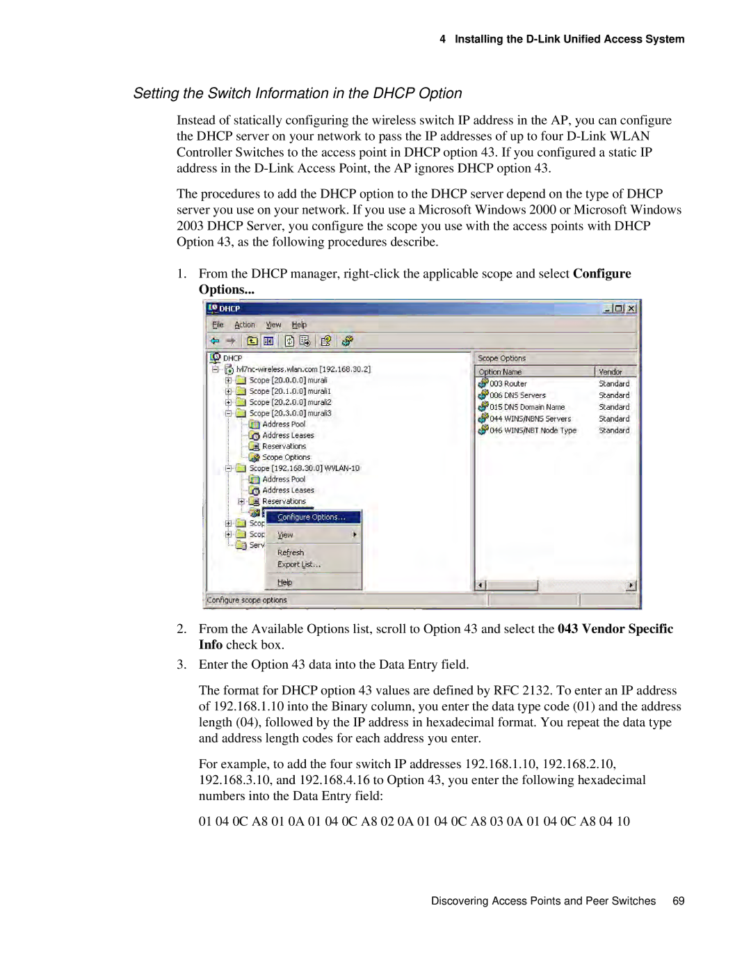 D-Link DWS 3000 user manual Setting the Switch Information in the Dhcp Option, Options 