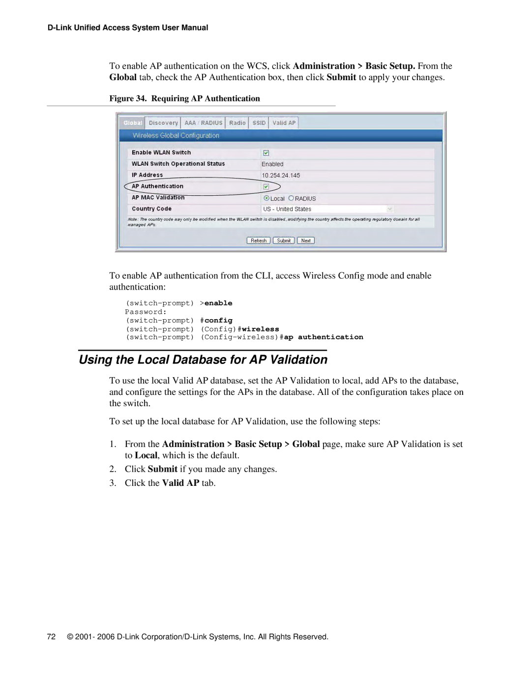 D-Link DWS 3000 user manual Using the Local Database for AP Validation, Requiring AP Authentication 