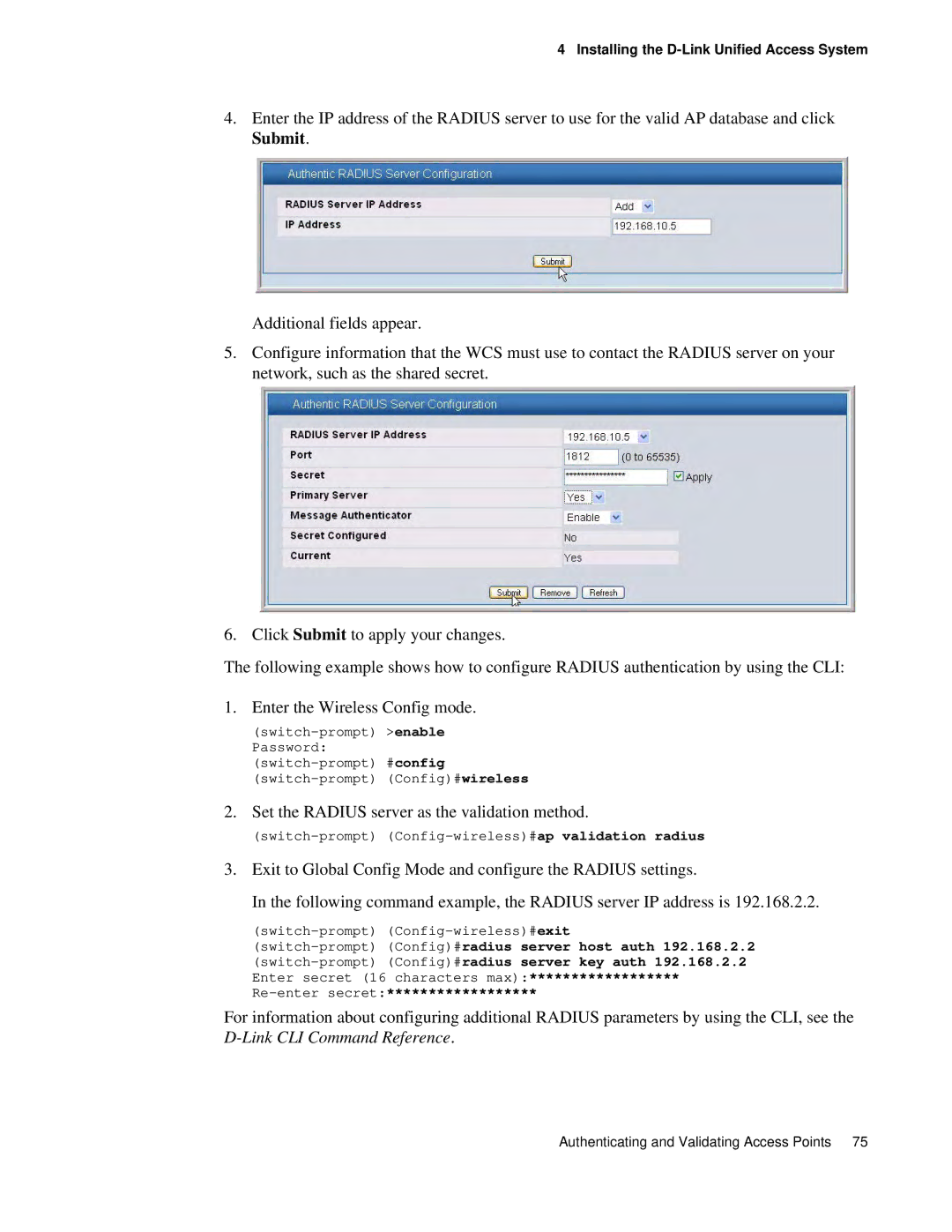 D-Link DWS 3000 user manual Set the Radius server as the validation method 