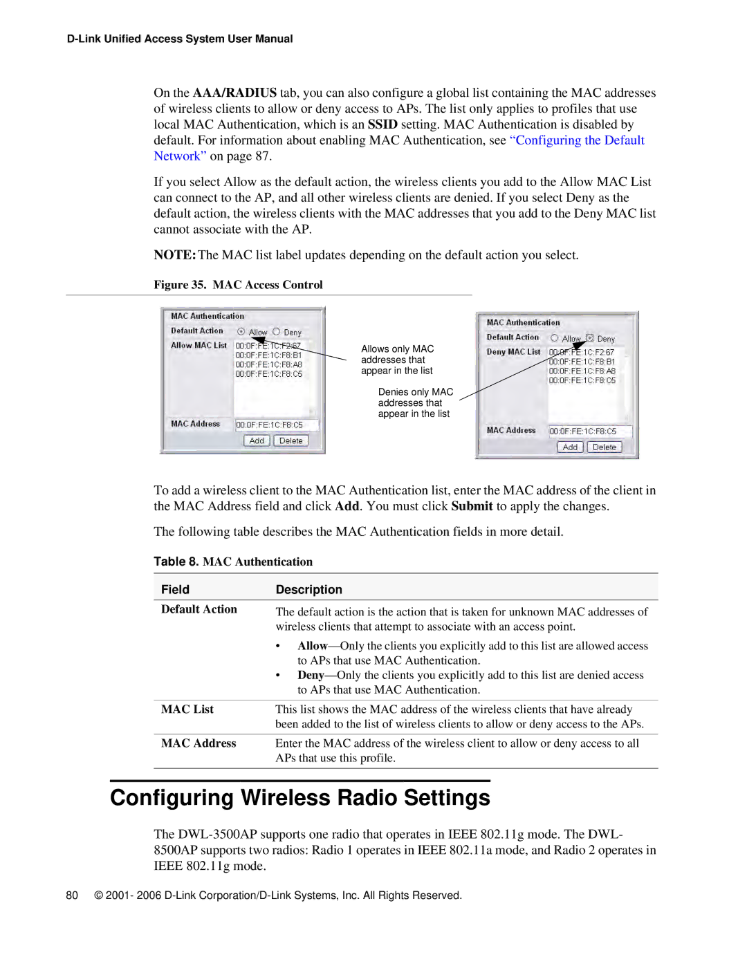 D-Link DWS 3000 user manual Configuring Wireless Radio Settings, MAC Authentication, Default Action, MAC List, MAC Address 