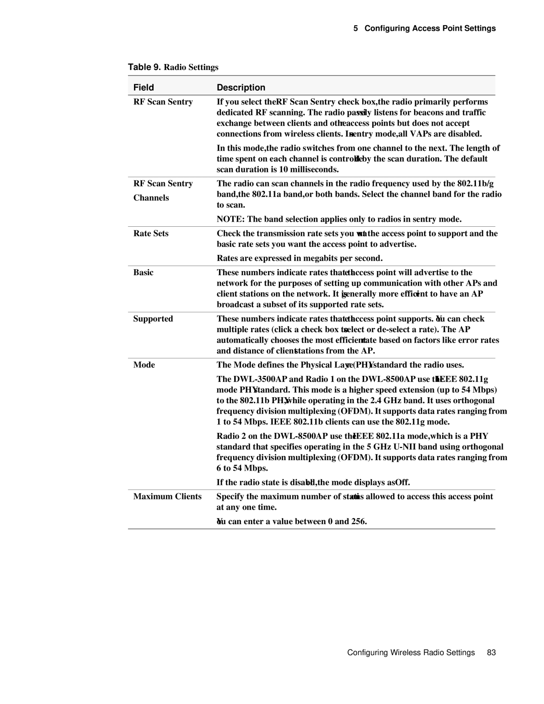 D-Link DWS 3000 user manual RF Scan Sentry, Rate Sets, Basic, Supported, Mode, Maximum Clients 