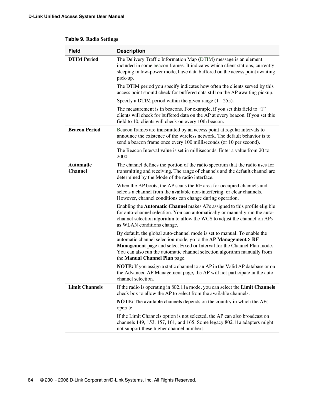 D-Link DWS 3000 user manual Dtim Period, Beacon Period, Automatic, Manual Channel Plan, Limit Channels 