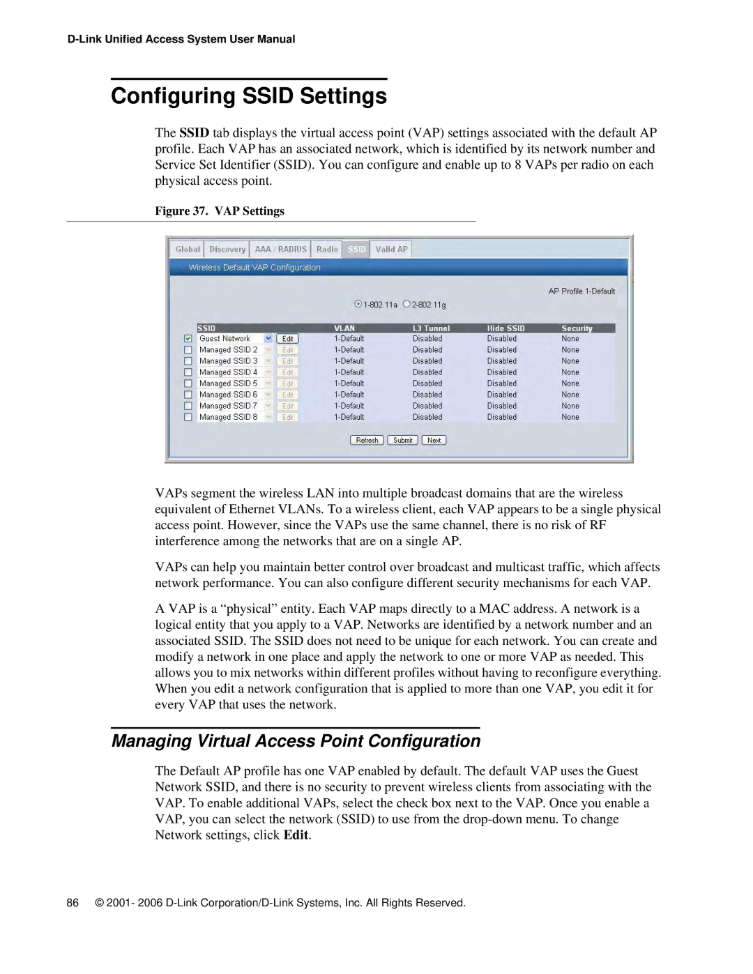 D-Link DWS 3000 user manual Configuring Ssid Settings, Managing Virtual Access Point Configuration 