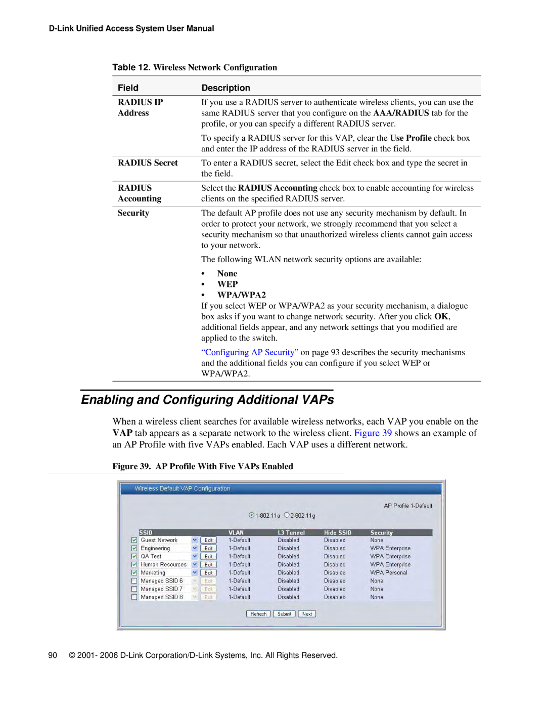 D-Link DWS 3000 user manual Enabling and Configuring Additional VAPs, Address, Radius Secret, None 